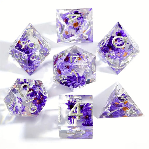 Seriously Good Dice: Sharp-Edged Resin 7 Die Set "Purple Flowers" Dice & Gaming Accessories Taps Imports