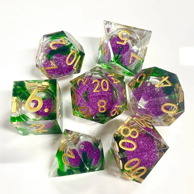 Seriously Good Dice: Glimmering Quicksand 7 Die Set "Purple Green w/ Gold" Dice & Counters Taps Imports