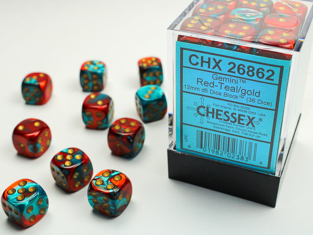Chessex: 36Ct D6 Dice Set Gemini - Red-Teal/Gold (12mm) Dice & Gaming Accessories Chessex