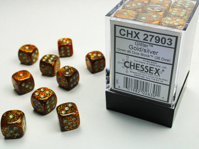 Chessex: 36Ct D6 Dice Set Glitter - Gold/Silver (12mm) Dice & Gaming Accessories Chessex