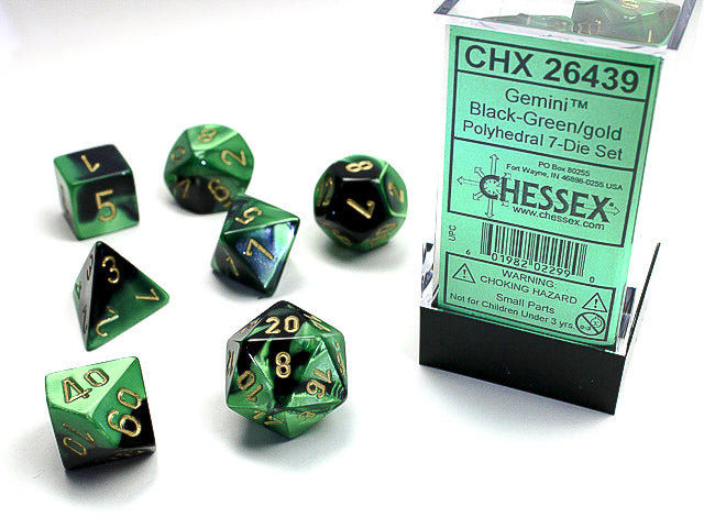 Chessex: 7-Die Set Gemini - Black Green/Gold Dice & Gaming Accessories Chessex