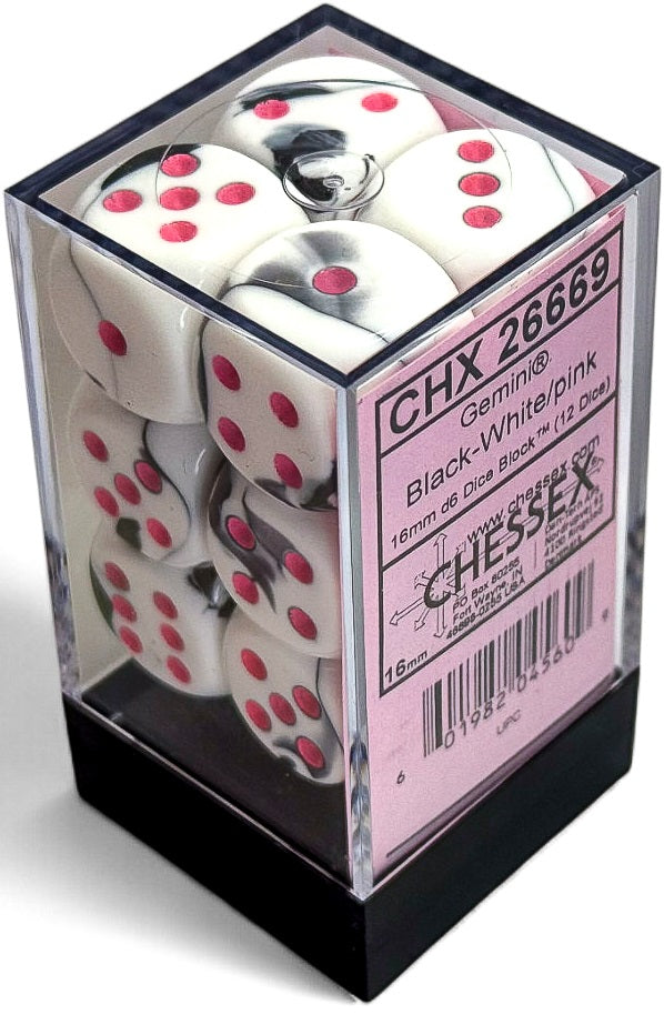 Chessex: Black-White/pink Gemini 12Ct D6 Dice Set 16mm Dice & Gaming Accessories Chessex