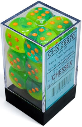 Chessex: 12Ct D6 Dice Set Luminary Gemini - Plasma Green-Teal/Orange (16mm) Dice & Gaming Accessories Chessex