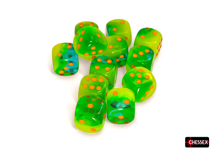Chessex: 12Ct D6 Dice Set Luminary Gemini - Plasma Green-Teal/Orange (16mm) Dice & Gaming Accessories Chessex