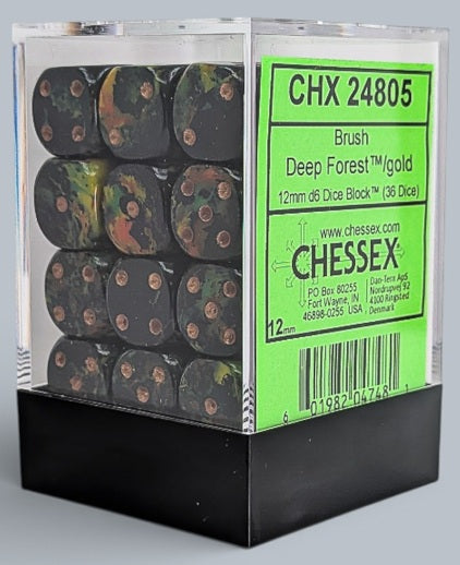 Chessex: 36Ct D6 Dice Set Brush - Deep Forest/Gold (12mm) Dice & Gaming Accessories Chessex