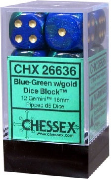 Chessex: Blue Green/Gold Gemini 12Ct D6 Dice Set: 16mm Dice & Gaming Accessories Chessex