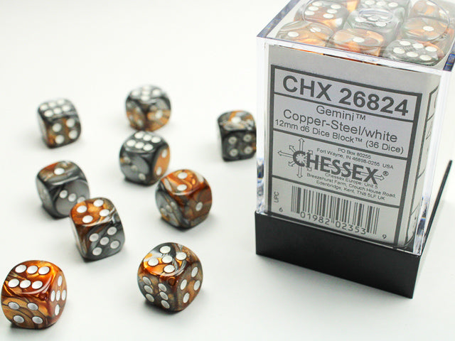 Chessex: 36Ct D6 Dice Set Gemini - Copper-Steel/White (12mm) Dice & Gaming Accessories Chessex