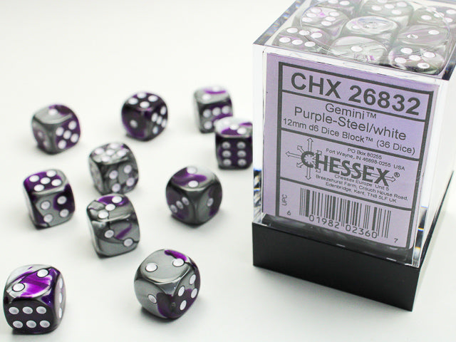 Chessex: 36Ct D6 Dice Set Gemini - Purple-Steel/White (12mm) Dice & Gaming Accessories Chessex