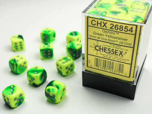 Chessex: 36Ct D6 Dice Set Gemini - Green-Yellow/Silver (12mm) Dice & Gaming Accessories Chessex