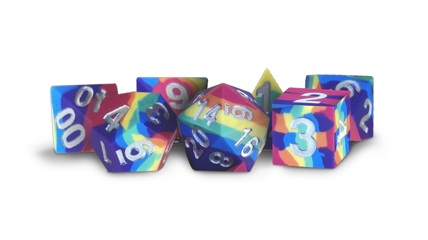 FanRoll: "Rainbow" Sharp Edge Silicone Rubber 7-Die RPG Set 16mm Dice & Counters Metallic Dice Games   