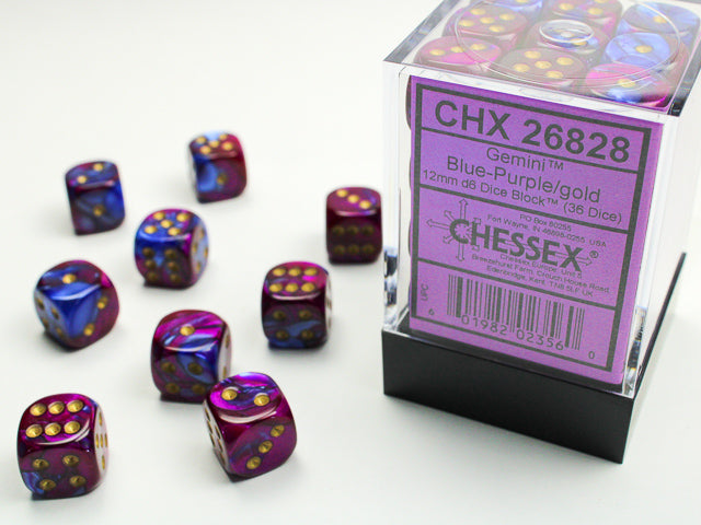 Chessex: 36Ct D6 Dice Set Gemini - Blue Purple/Gold (12mm) Dice & Gaming Accessories Chessex