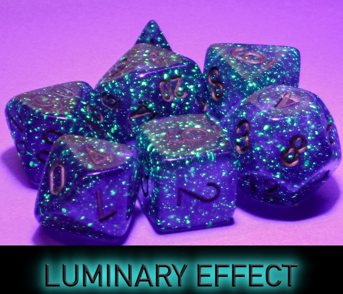 Chessex: "Borealis Purple/Gold Luminary" Mega-Hedral 7 Die Dice Set 20mm Dice & Gaming Accessories Chessex