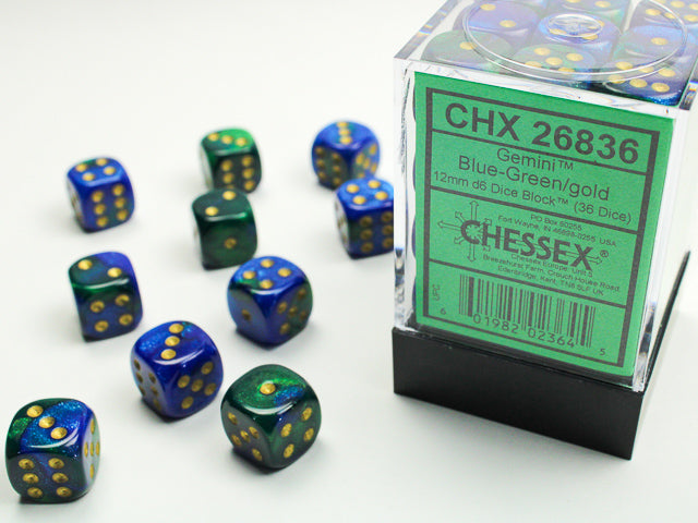 Chessex: 36Ct D6 Dice Set Gemini - Blue Green/Gold (12mm) Dice & Gaming Accessories Chessex