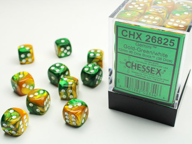 Chessex: 36Ct D6 Dice Set Gemini - Gold-Green/White (12mm) Dice & Gaming Accessories Chessex
