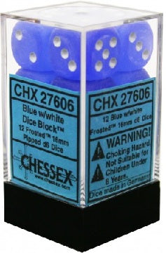 Chessex: Frosted: Blue/White 12Ct D6 Dice Set 16mm Dice & Gaming Accessories Chessex