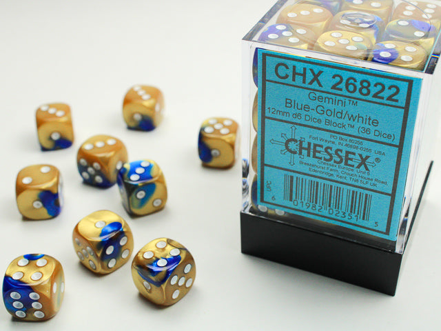 Chessex: 36Ct D6 Dice Set Gemini - Blue Gold/White (12mm) Dice & Gaming Accessories Chessex