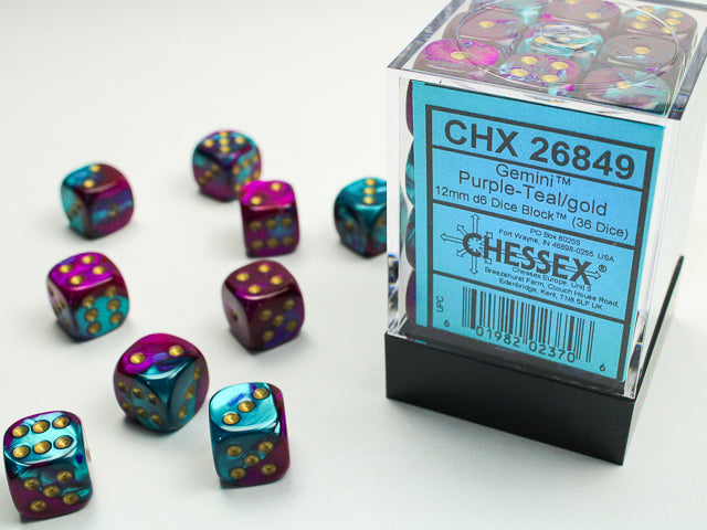 Chessex: 36Ct D6 Dice Set Gemini - Purple Teal/Gold (12mm) Dice & Gaming Accessories Chessex