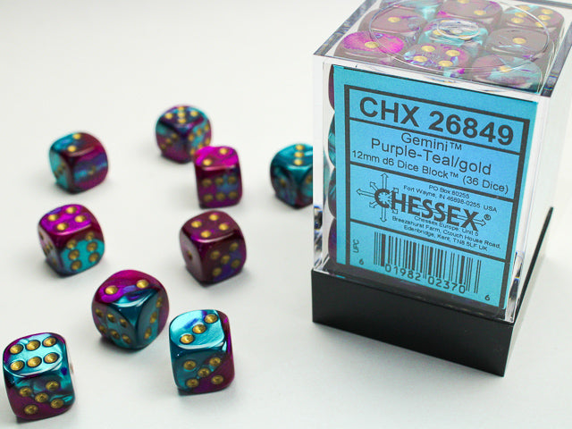 Chessex: Purple Teal/Gold Gemini 36Ct D6 Dice Set 12mm