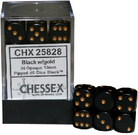 Chessex: Black/Gold Opaque 36Ct D6 Dice Set 12mm Dice & Gaming Accessories Chessex
