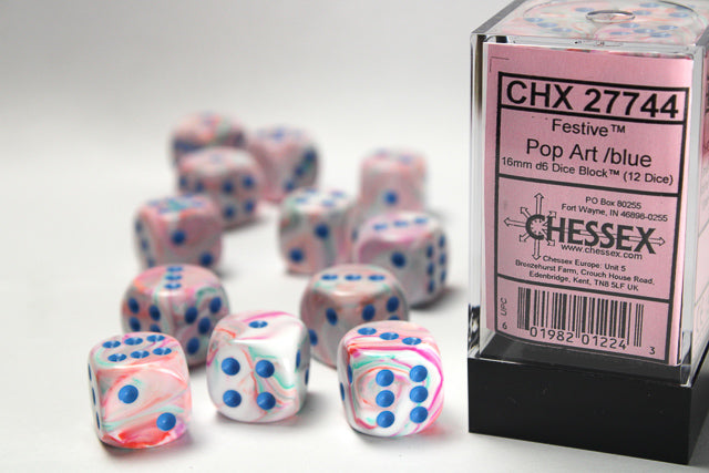 Chessex: 12Ct D6 Dice Set Festive - Pop-Art w/Blue (16mm) Dice & Gaming Accessories Chessex