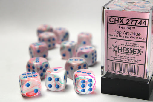 Chessex: 12Ct D6 Dice Set Festive - Pop-Art w/Blue (16mm) Dice & Gaming Accessories Chessex