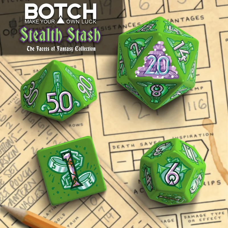 Botch Dice: 7-Die RPG Dice Set - "Stealth Stash" Dice & Counters Botch Dice