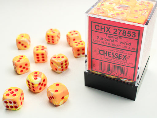 Chessex: 36Ct D6 Dice Set Festive - Sunburst w/Red (12mm) Dice & Gaming Accessories Chessex