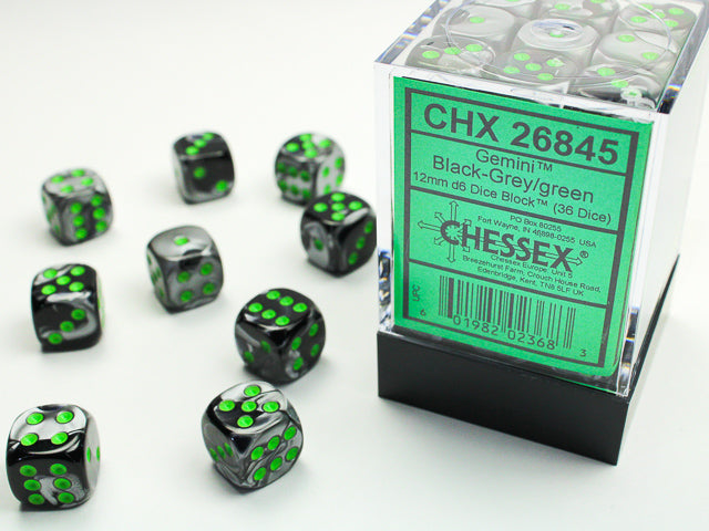 Chessex: 36Ct D6 Dice Set Gemini - Black Grey/Green (12mm) Dice & Gaming Accessories Chessex