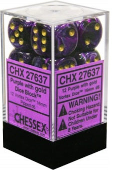 Chessex: 12Ct D6 Dice Set Vortex - Purple/Gold (16mm) Dice & Gaming Accessories Chessex