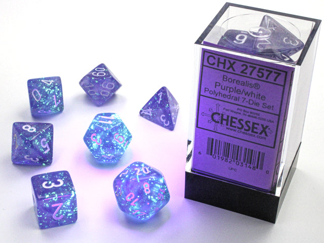 Chessex: 7-Die Set Luminary Borealis - Purple/White Dice & Gaming Accessories Chessex