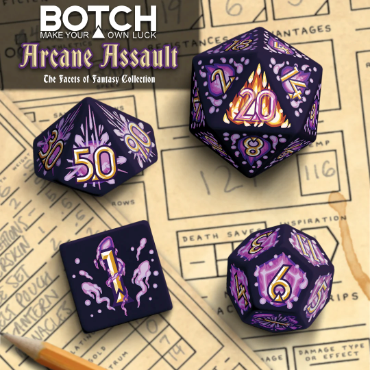 Botch Dice: 7-Die RPG Dice Set - "Arcane Assault" Dice & Counters Botch Dice