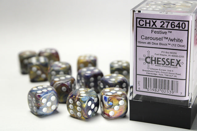 Chessex: 12Ct D6 Dice Set Festive - Carousel/White (16mm) Dice & Gaming Accessories Chessex