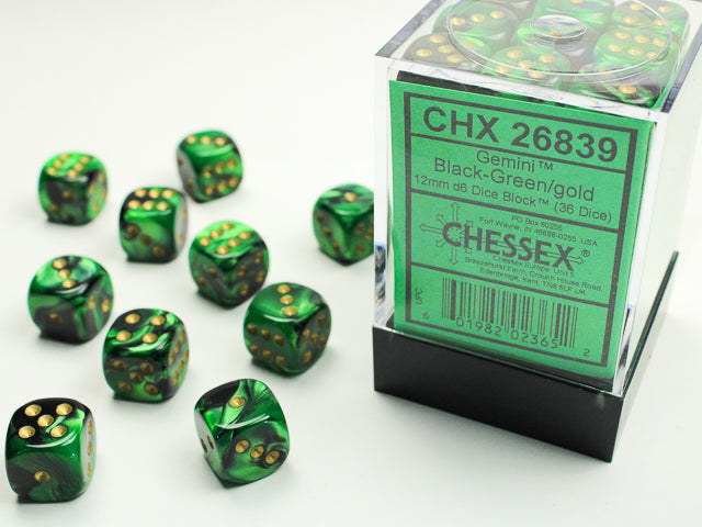 Chessex: 36Ct D6 Dice Set Gemini - Black-Green/Gold (12mm) Dice & Gaming Accessories Chessex