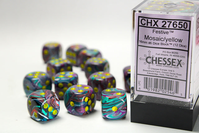 Chessex: 12Ct D6 Dice Set Festive - Mosaic/Yellow (16mm) Dice & Gaming Accessories Chessex