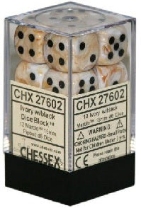 Chessex: Ivory/Black Marbleized 12Ct D6 Dice Set: 16mm Dice & Gaming Accessories Chessex