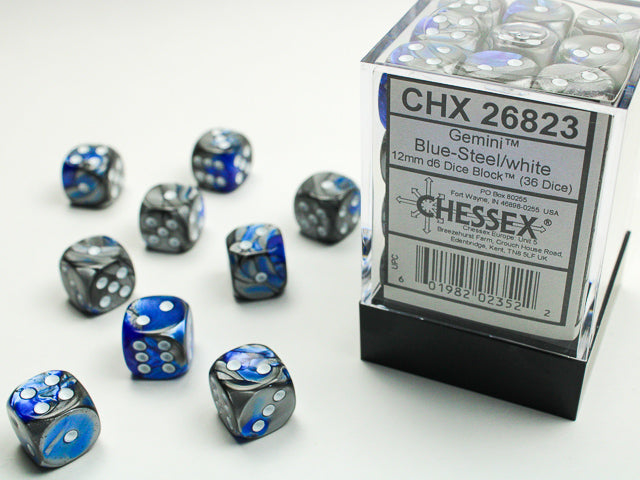 Chessex: Blue Steel/White Gemini 36Ct D6 Dice Set 12mm Dice & Gaming Accessories Chessex