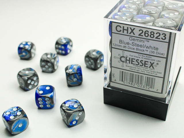 Chessex: Blue Steel/White Gemini 36Ct D6 Dice Set 12mm