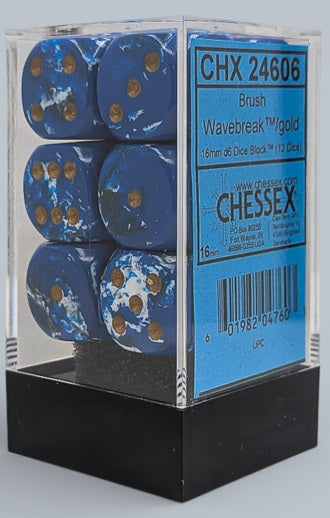 Chessex: 12Ct D6 Dice Set Brush - Wavebreak/Gold (16mm) Dice & Gaming Accessories Chessex