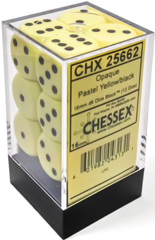 Chessex: Pastel Yellow/Black Opaque 12Ct D6 16mm