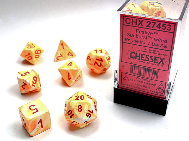Chessex: 7-Die Set Festive - Sunburst w/Red Dice & Gaming Accessories Chessex