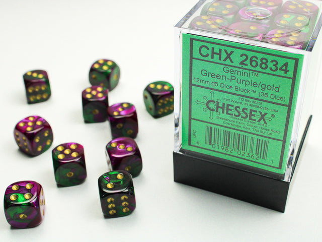Chessex: 36Ct D6 Dice Set Gemini - Green-Purple/Gold (12mm) Dice & Gaming Accessories Chessex