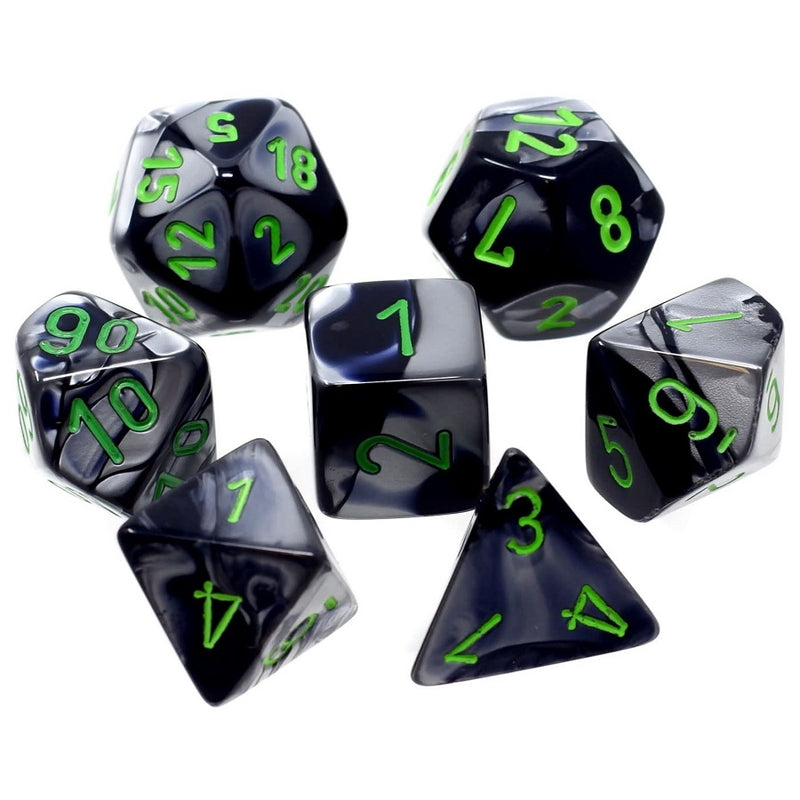 Chessex: Mini 7-Die Set Gemini - Black-Grey/Green Dice & Gaming Accessories Chessex