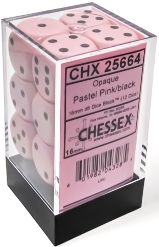 Chessex: 12Ct D6 Dice Set Opaque Pastel - Pink/Black (16mm) Dice & Gaming Accessories Chessex