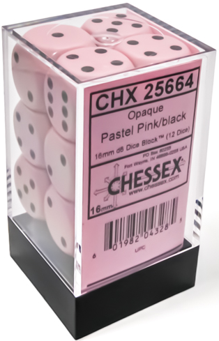 Chessex: Pastel Pink/Black Opaque 12Ct D6 16mm