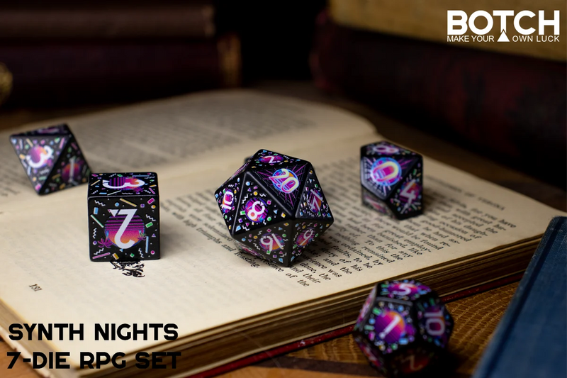 Botch Dice: 7-Die RPG Dice Set - "Synth Nights" Dice & Counters Botch Dice