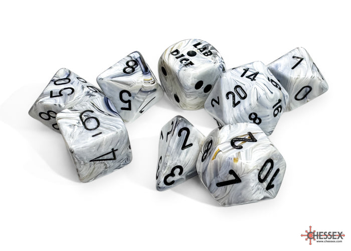 Chessex: 7-Die Set Lab Dice Marble - Calcite/Black Dice & Gaming Accessories Chessex