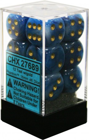 Chessex: Teal/Gold Phantom 12Ct D6 Dice Set: 16mm Dice & Gaming Accessories Chessex