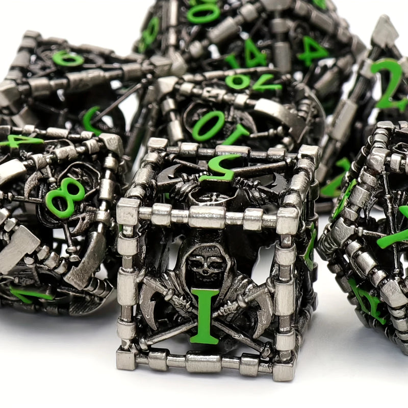 Seriously Good Dice: Hollow Metal 7 Die Set "Ancient Nickel Reaper with Green" Dice & Gaming Accessories Taps Imports
