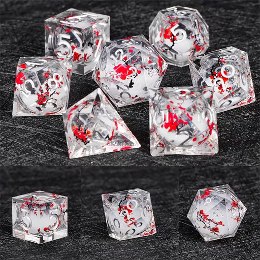 Seriously Good Dice: Glimmering Quicksand 7 Die Set Red Flowers Clear /silver Dice & Gaming Accessories Taps Imports