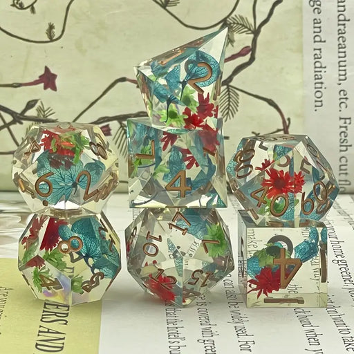 Seriously Good Dice: Sharp-Edged Resin 7 Die Set "Safflower Green Leaves" Dice & Gaming Accessories Taps Imports
